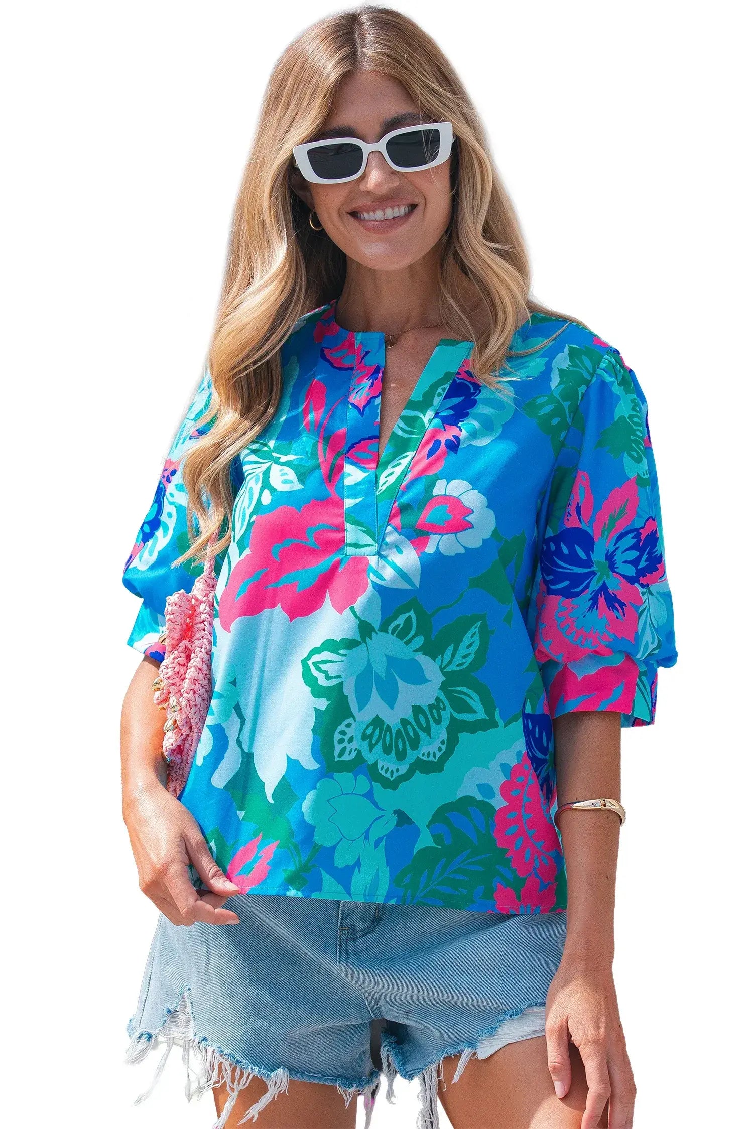 Sky Blue Floral Print V Neck Half Sleeve Blouse - Sweet Fashion Wholesale