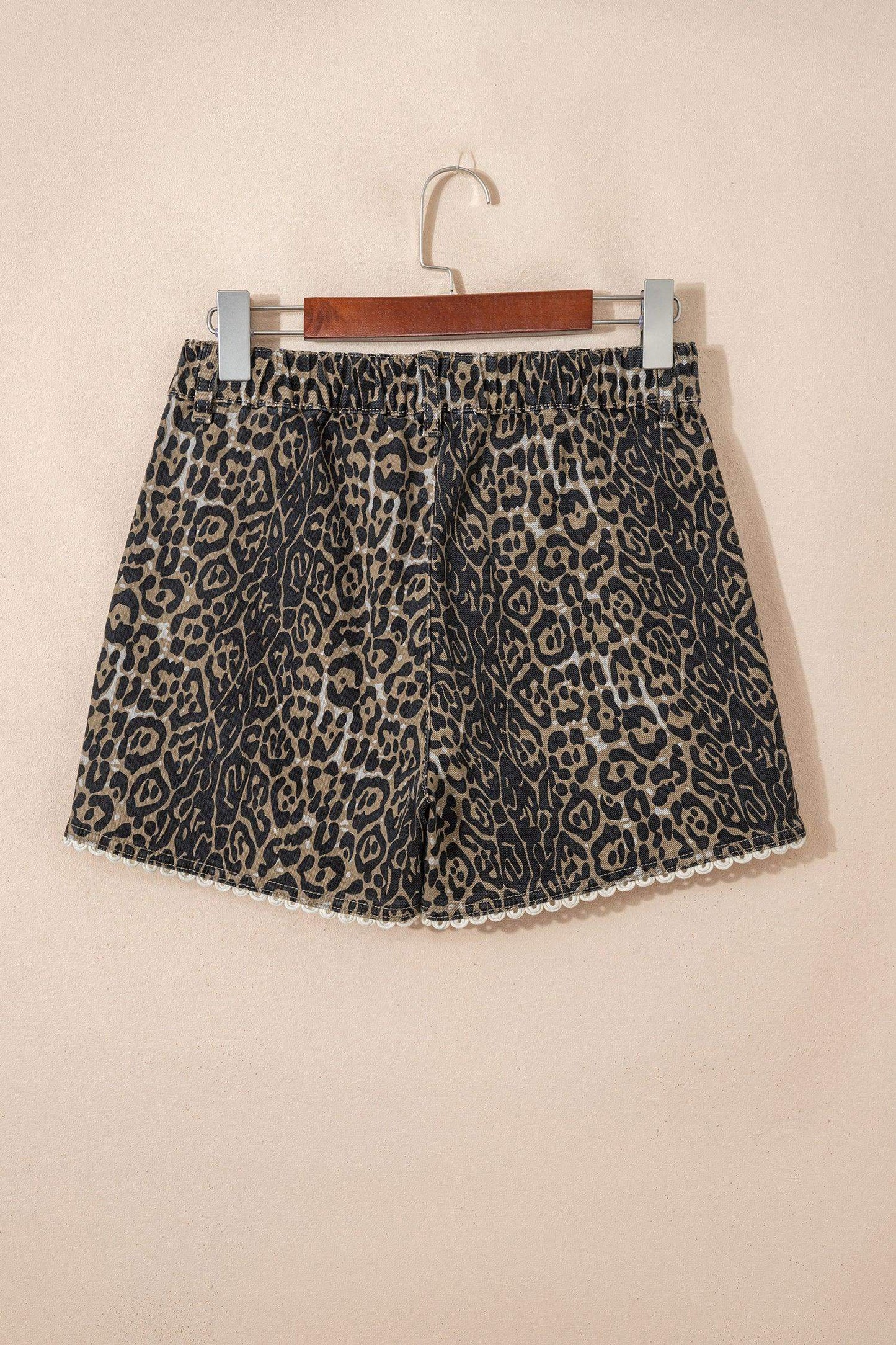 Khaki Contrast Scalloped Lace Trim Leopard Denim Shorts - Sweet Fashion Wholesale