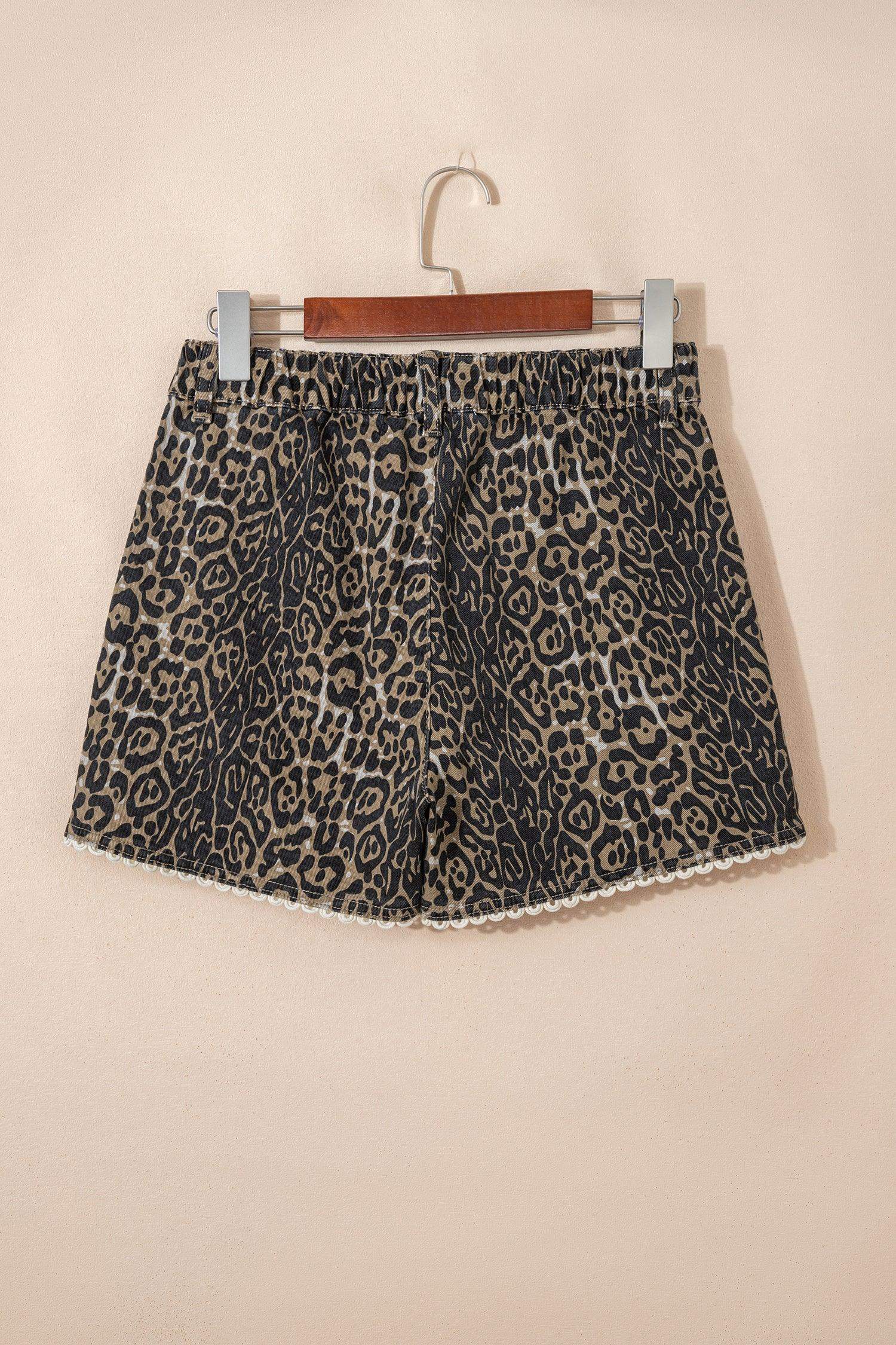 Khaki Contrast Scalloped Lace Trim Leopard Denim Shorts - Sweet Fashion Wholesale