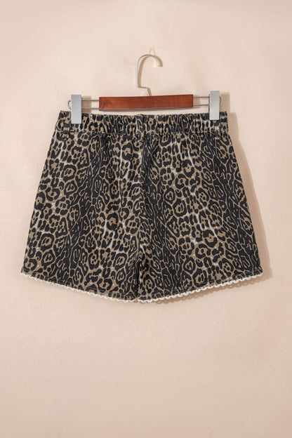 Khaki Contrast Scalloped Lace Trim Leopard Denim Shorts - Sweet Fashion Wholesale