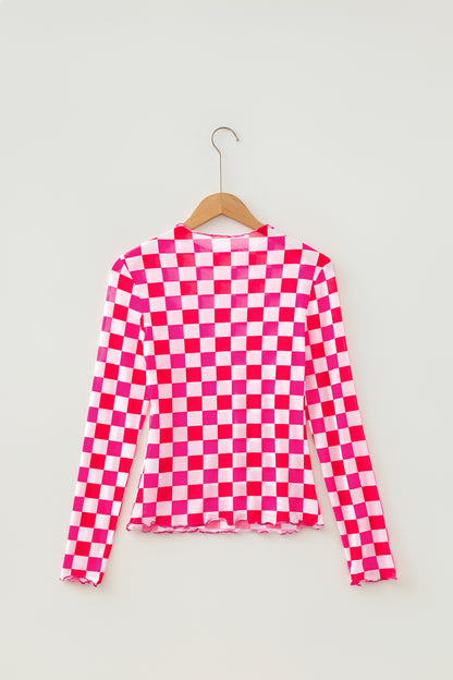 Black Plaid Heart Mesh Sheer Long Sleeve High Neck Blouse
