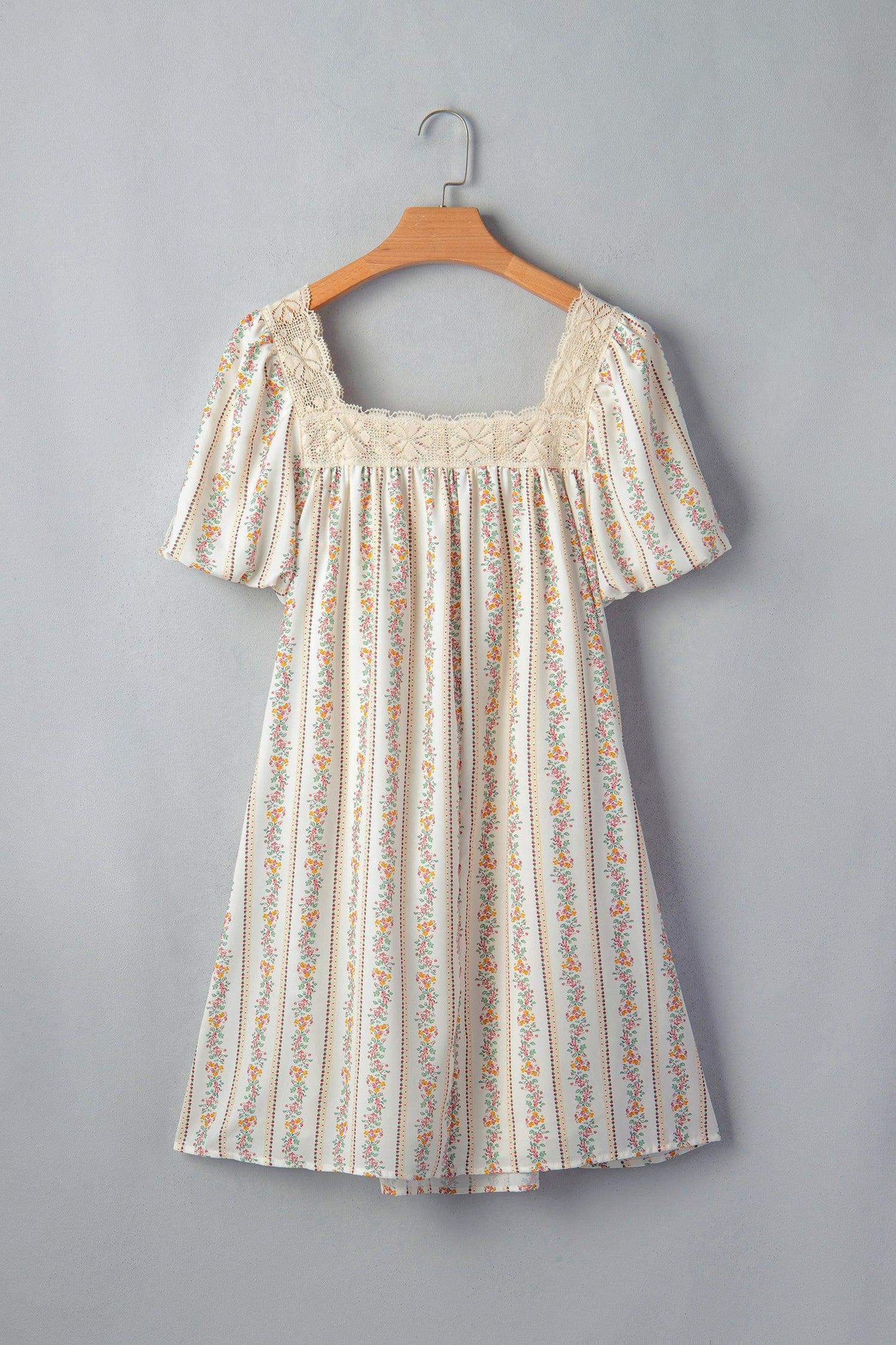 Multicolour Floral Print Contrast Ribbon Bow Lace Trim Square Neck Mini Dress