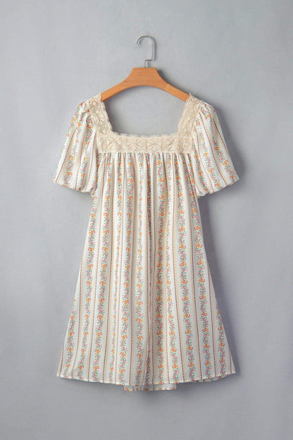Multicolour Floral Print Contrast Ribbon Bow Lace Trim Square Neck Mini Dress