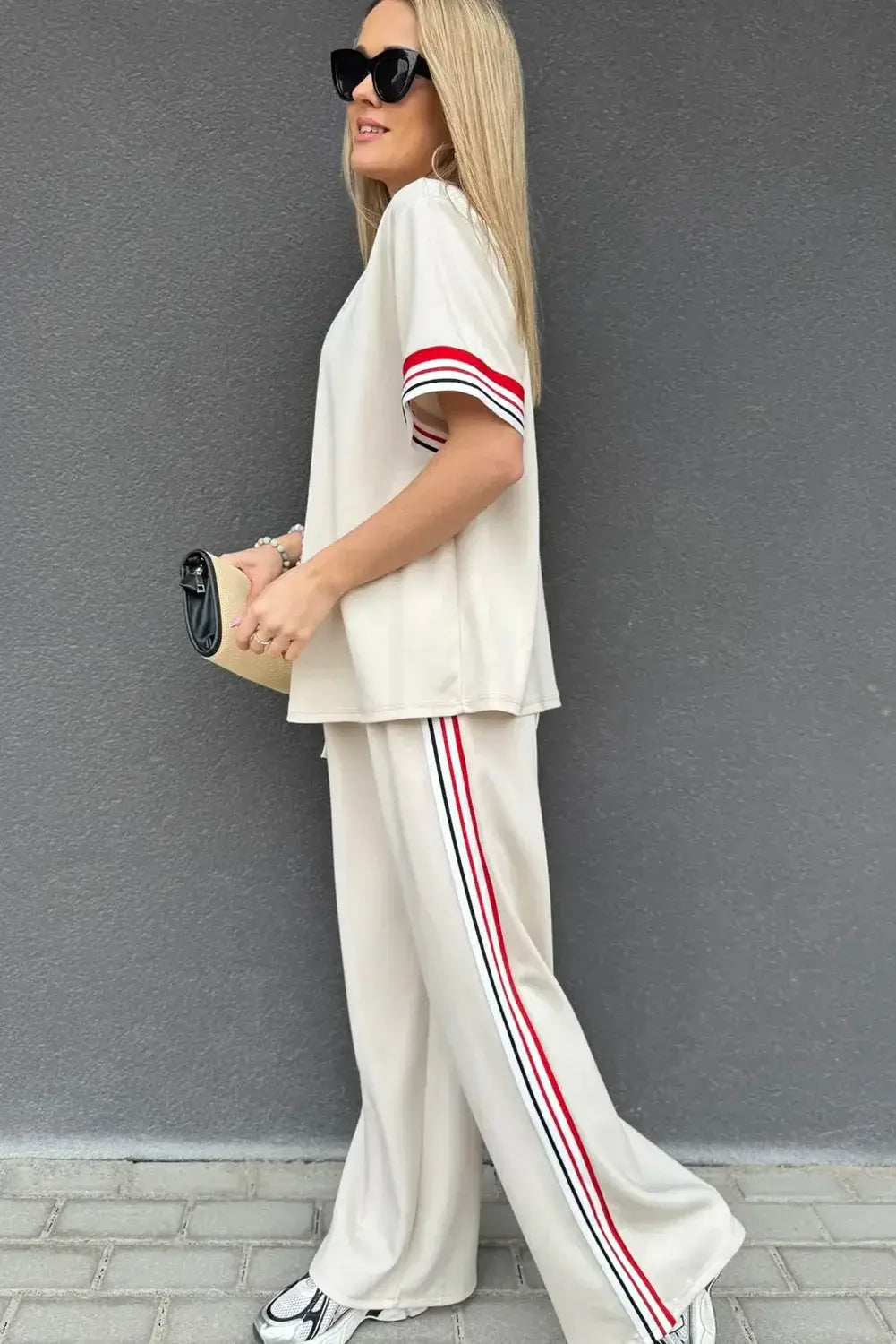 Jet Stream Contrast Striped Trim Crewneck T Shirt Loose Straight Pants Set - Sweet Fashion Wholesale