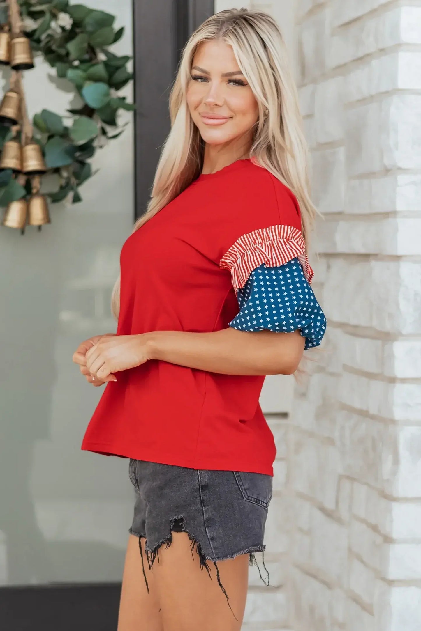 Beau Blue Stars Stripes Short Puff Sleeve Top - Sweet Fashion Wholesale