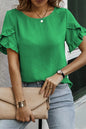 Sea Green Solid Color Ruffle Trim Short Sleeve Blouse - Sweet Fashion Wholesale