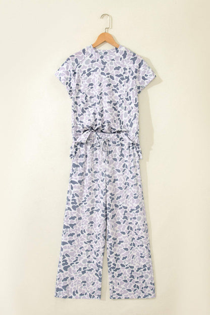 Beige Camouflage Print Twisted Rib Loose Tee Drawstring Pants Set