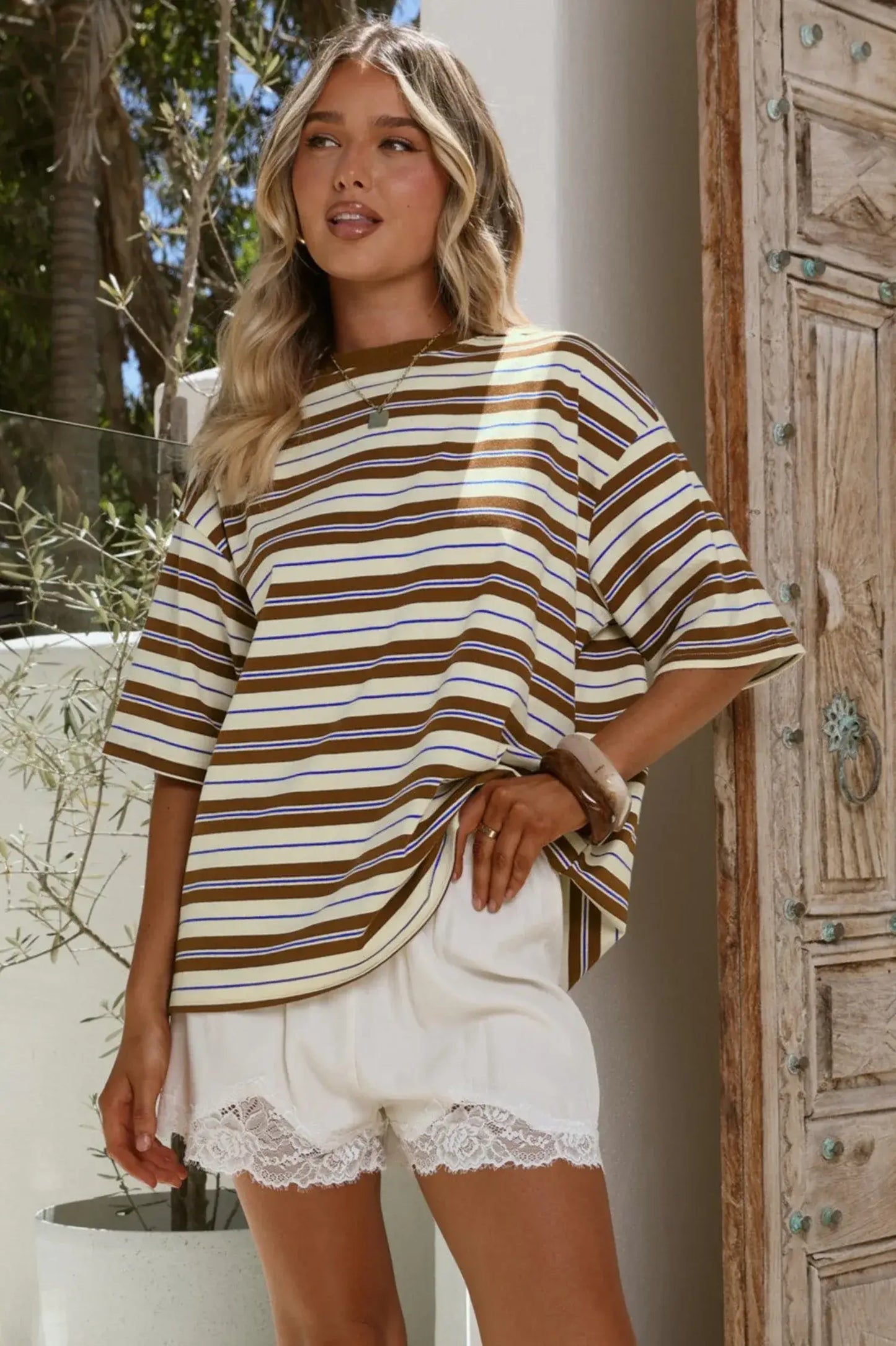 Brown Stripe Womens Casual Oversized Tee - Sweet Fashion Wholesale