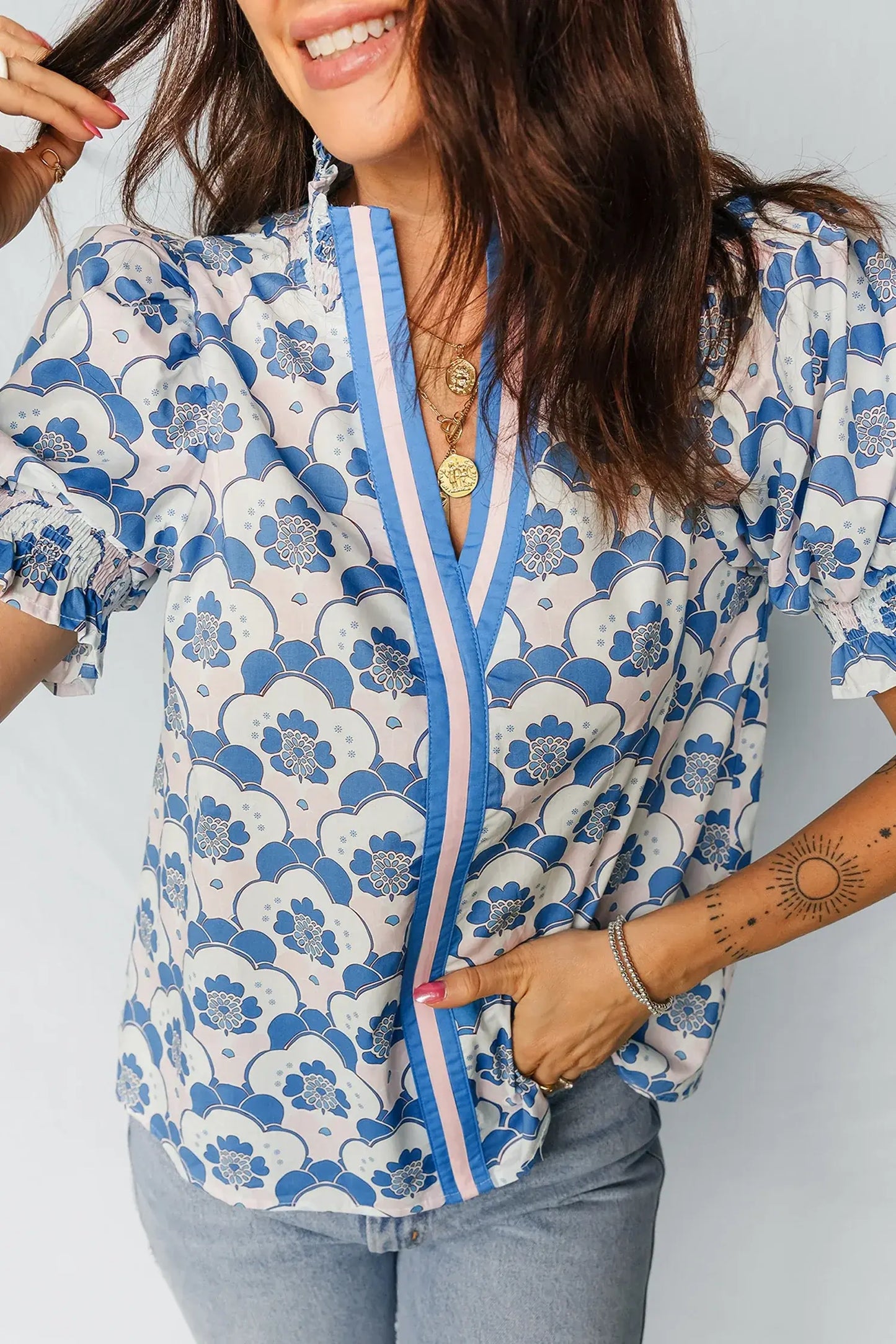 Sky Blue Floral Print Flounced Short Sleeve Contrast Trim V Neck Blouse - Sweet Fashion Wholesale