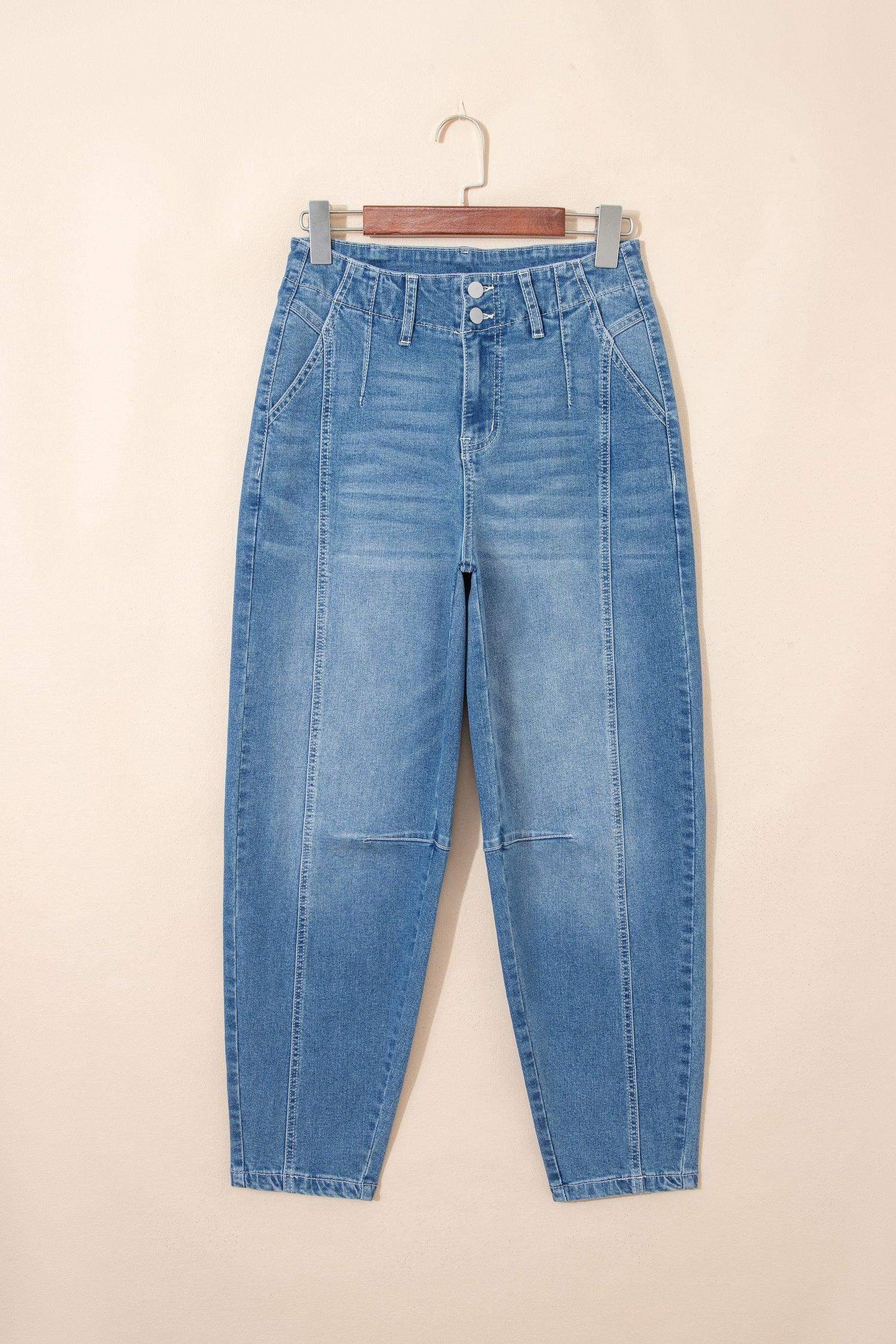 Sky Blue Medium Wash Cuffed Barrel Jeans - Sweet Fashion Wholesale