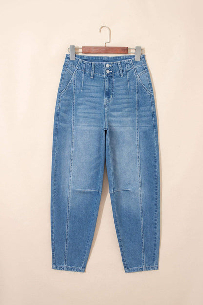 Sky Blue Medium Wash Cuffed Barrel Jeans - Sweet Fashion Wholesale