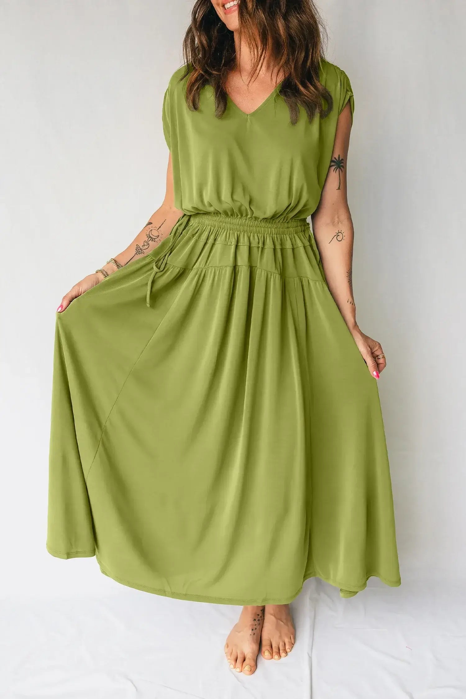 Fern Green Solid V Neck Cap Sleeve Tunic Elastic Waist Versatile Maxi Dress - Sweet Fashion Wholesale