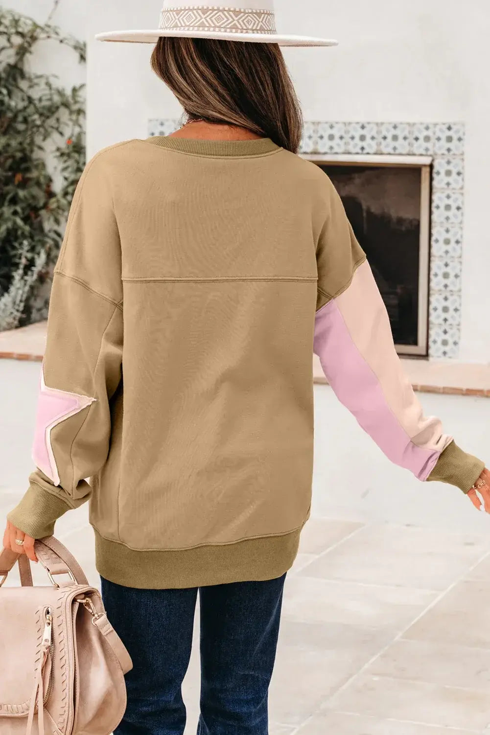 Rose Pink Contrast Star Patchwork Exposed Seam Uneven Hem Drop Shoulder Sweatshirt