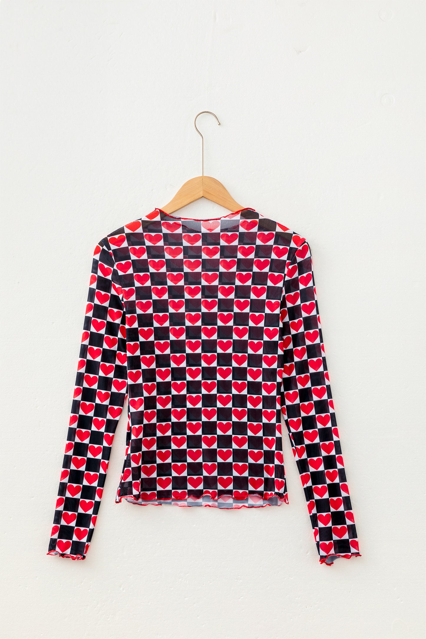 Black Plaid Heart Mesh Sheer Long Sleeve High Neck Blouse