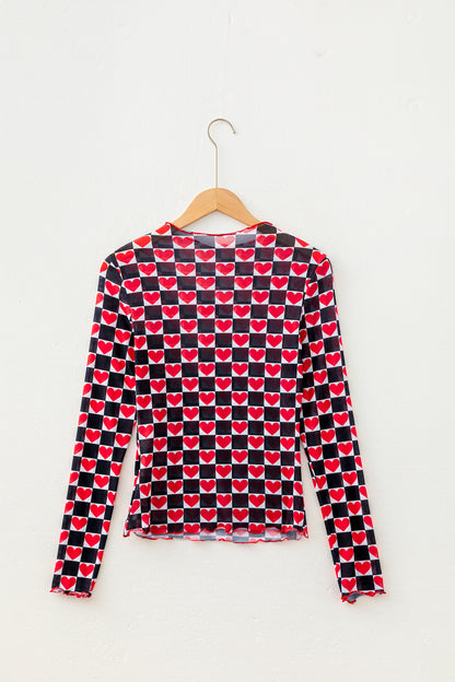Black Plaid Heart Mesh Sheer Long Sleeve High Neck Blouse