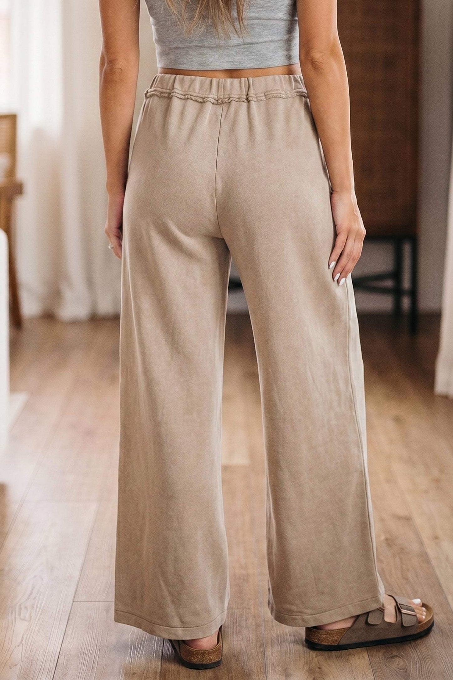 Smoke Gray Mineral Wash Drawstring Retro High Waist Wide Leg Western Pants