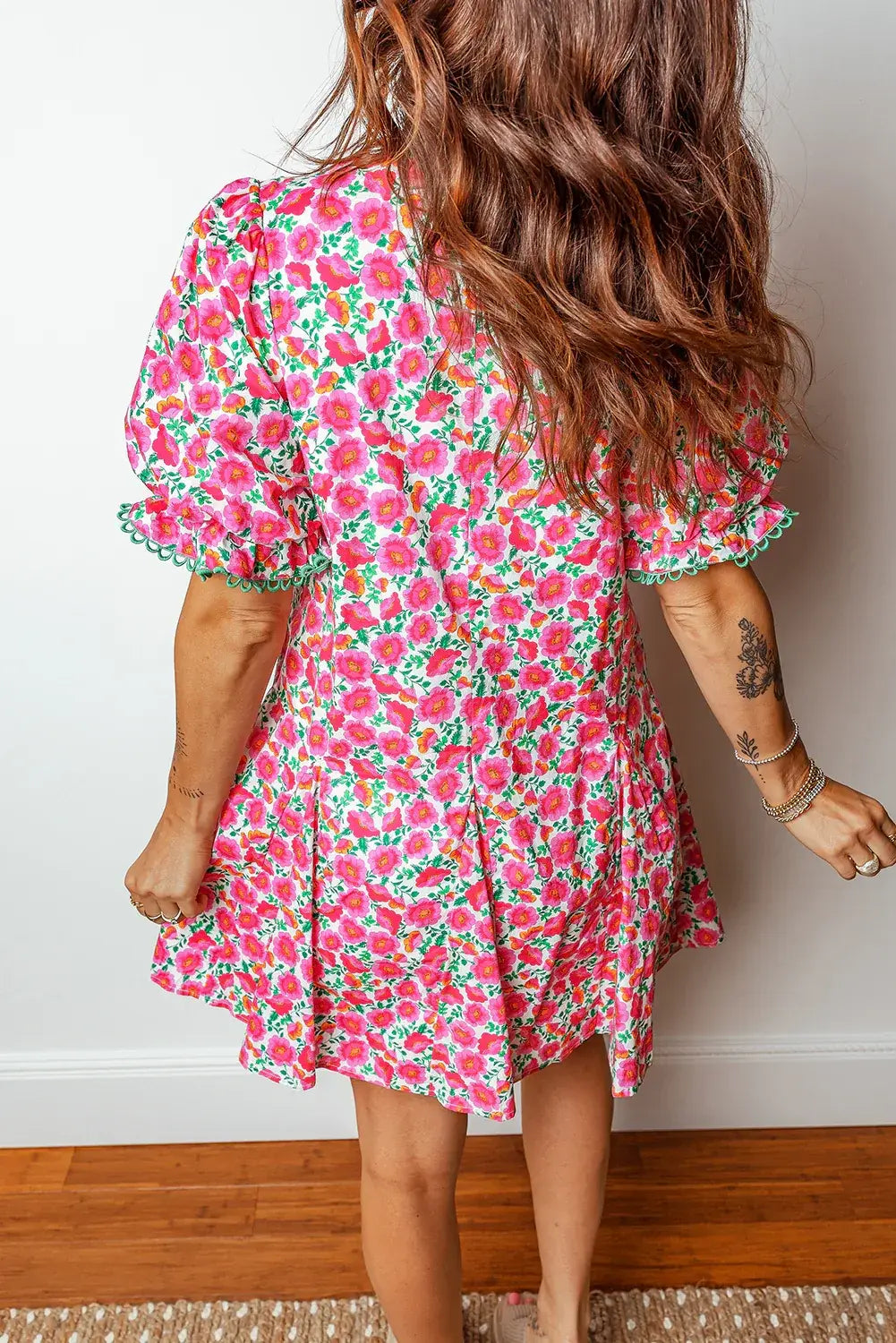 Pink Floral Print V Neck Patchwork Short Bubble Sleeve Mini Dress - Sweet Fashion Wholesale