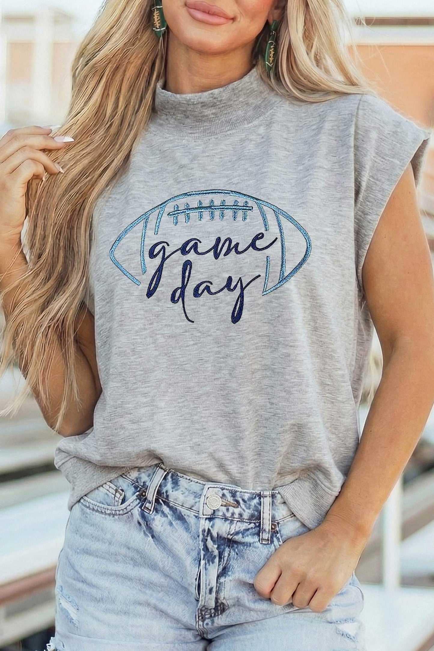 Light Grey Embroidered Game Day Football High Neck Short Sleeve Top