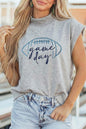 Light Grey Embroidered Game Day Football High Neck Short Sleeve Top