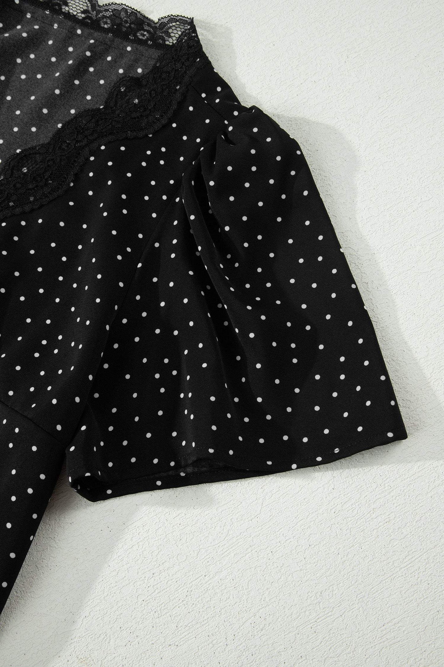 Black Polka Dot Print Lace Trim Wrap Mini Dress