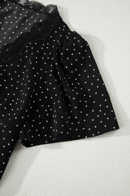 Black Polka Dot Print Lace Trim Wrap Mini Dress