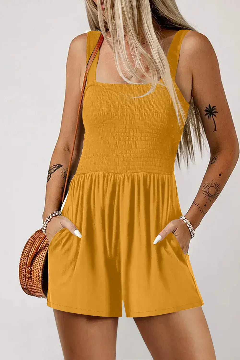 Ginger Casual Pocketed Smocked Sleeveless Romper - Sweet Fashion Wholesale