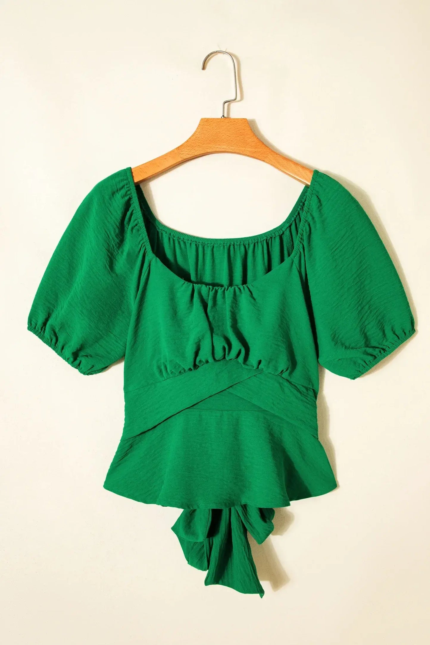 Dark Green Solid Color Ruched Crossed Waist Tied Back Short Sleeve Peplum Top - Sweet Fashion Wholesale
