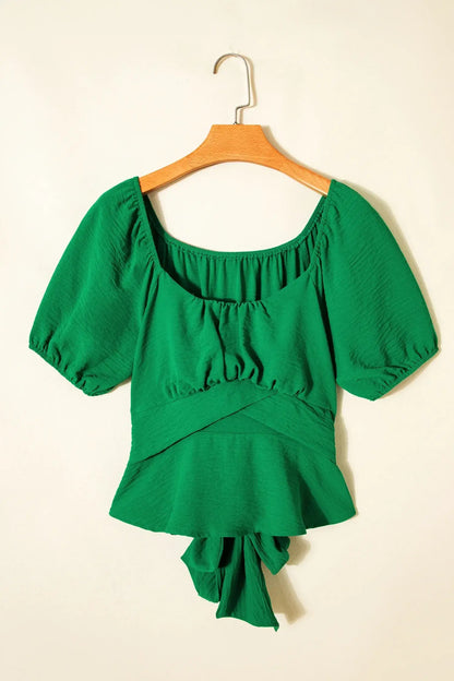 Dark Green Solid Color Ruched Crossed Waist Tied Back Short Sleeve Peplum Top - Sweet Fashion Wholesale