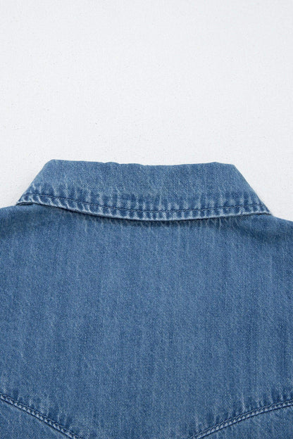Dusk Blue Ruffled Short Sleeve Denim Shirt - Sweet Fashion Wholesale