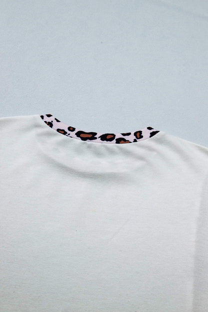 White Ribbed Leopard Patchwork Uneven Hem T Shirt