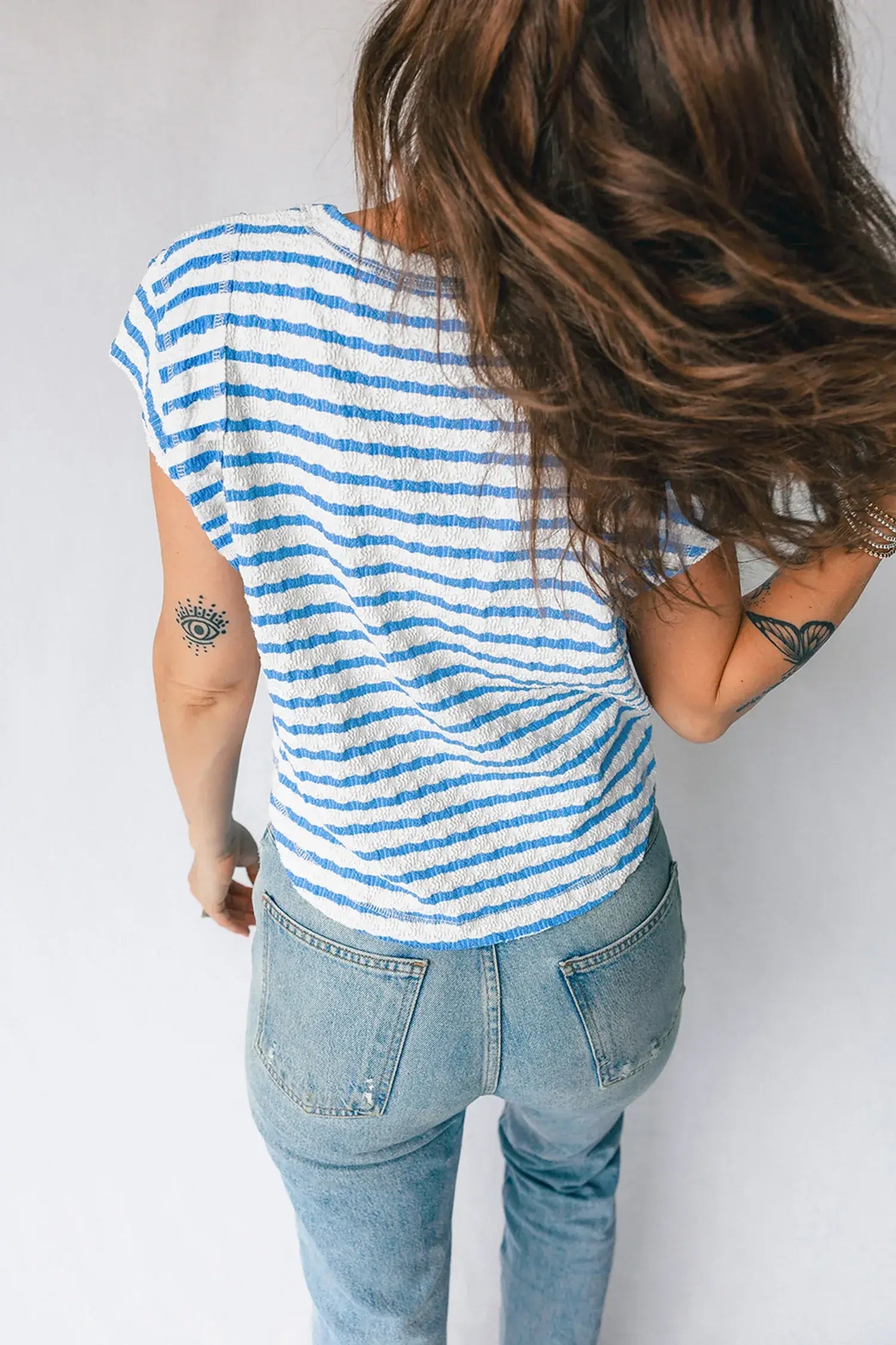Blue Stripe Textured Short Sleeve Patchwork T Shirt - Sweet Fashion Wholesale