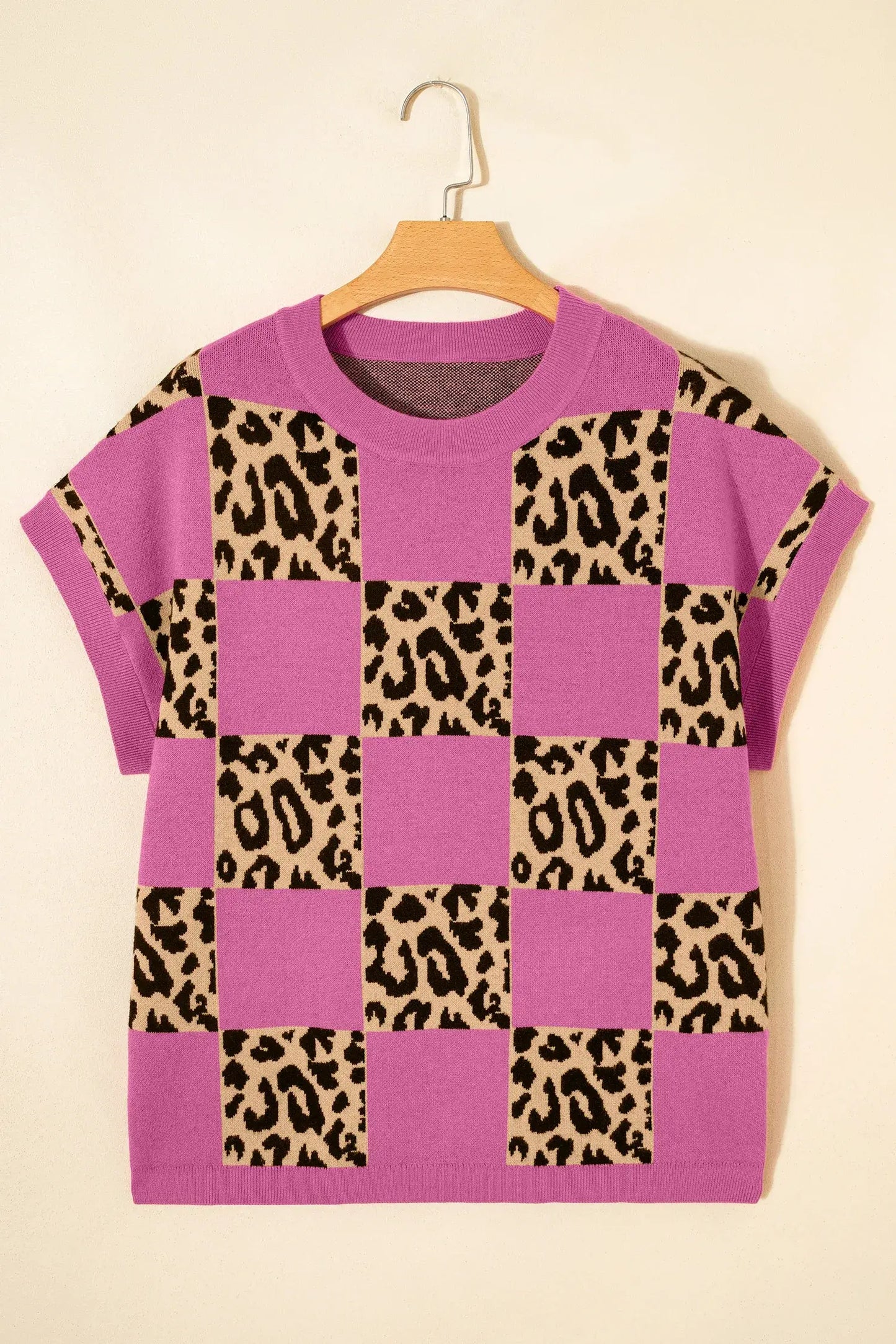 Red Leopard Checkerboard Short Sleeve Knit Sweater - Sweet Fashion Wholesale