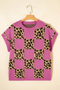 Red Leopard Checkerboard Short Sleeve Knit Sweater - Sweet Fashion Wholesale