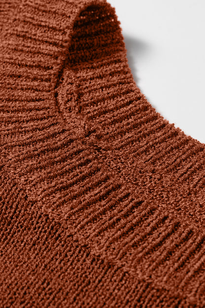 Coffee Ribbed Knit Round Neck Short Sleeve Sweater
