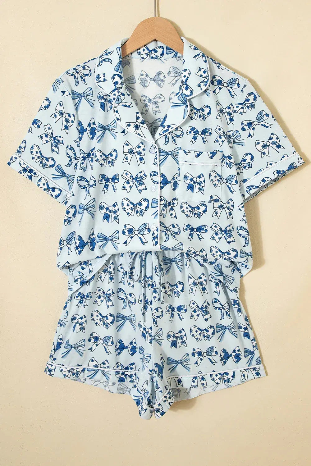 Sky Blue Bow Print Short Pajama Set - Sweet Fashion Wholesale