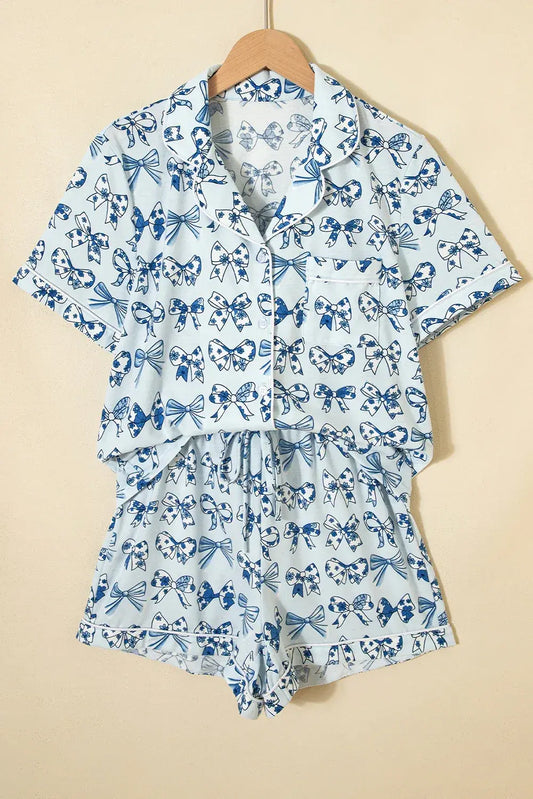 Sky Blue Bow Print Short Pajama Set - Sweet Fashion Wholesale