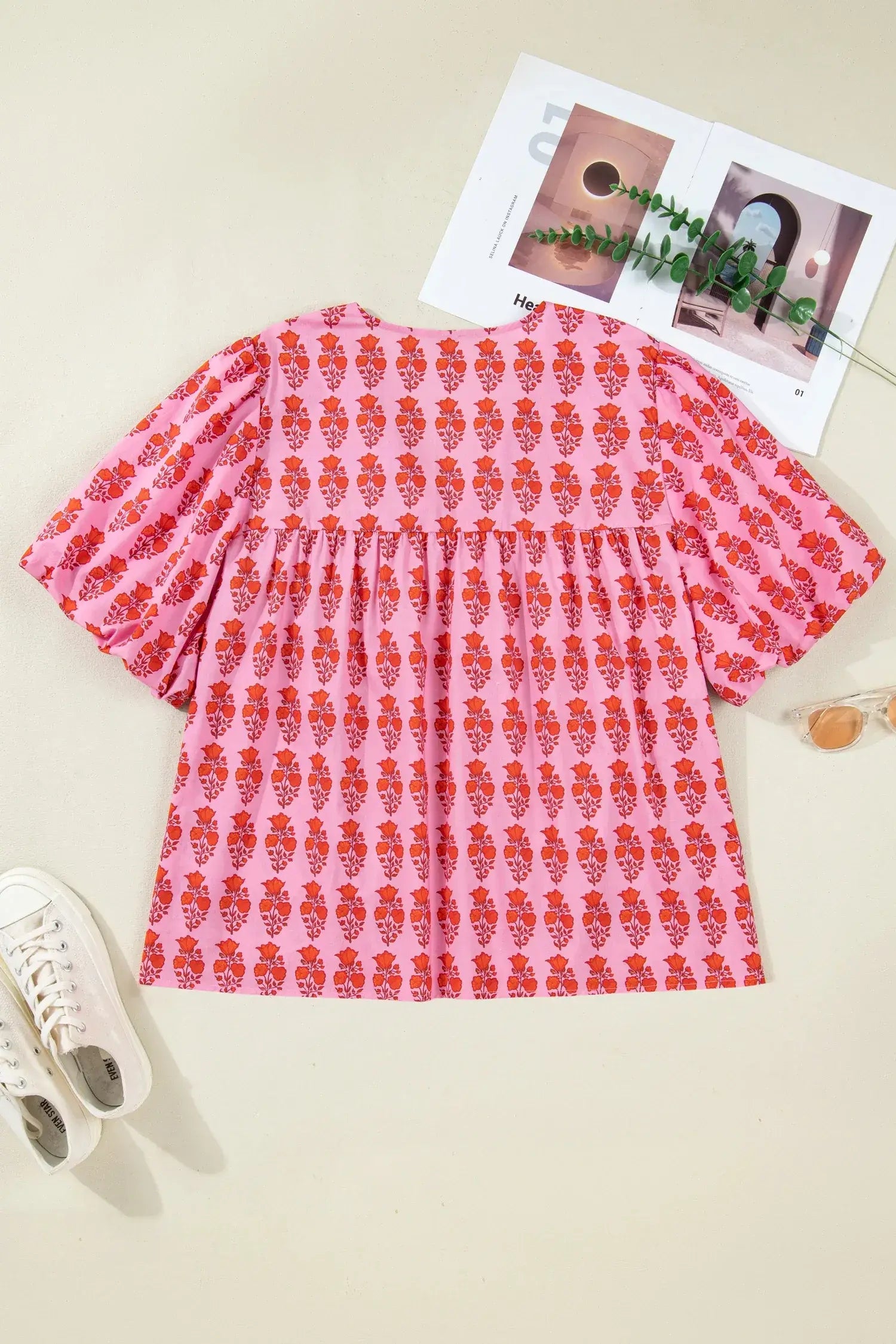 Pink Plus Size Floral Print Tassel Tie Puff Sleeve Cotton Blouse - Sweet Fashion Wholesale