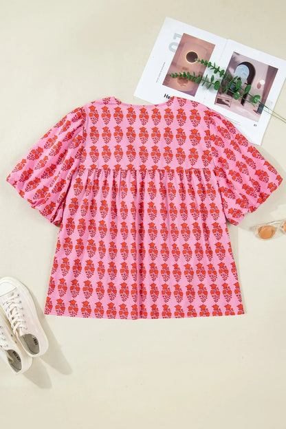 Pink Plus Size Floral Print Tassel Tie Puff Sleeve Cotton Blouse - Sweet Fashion Wholesale