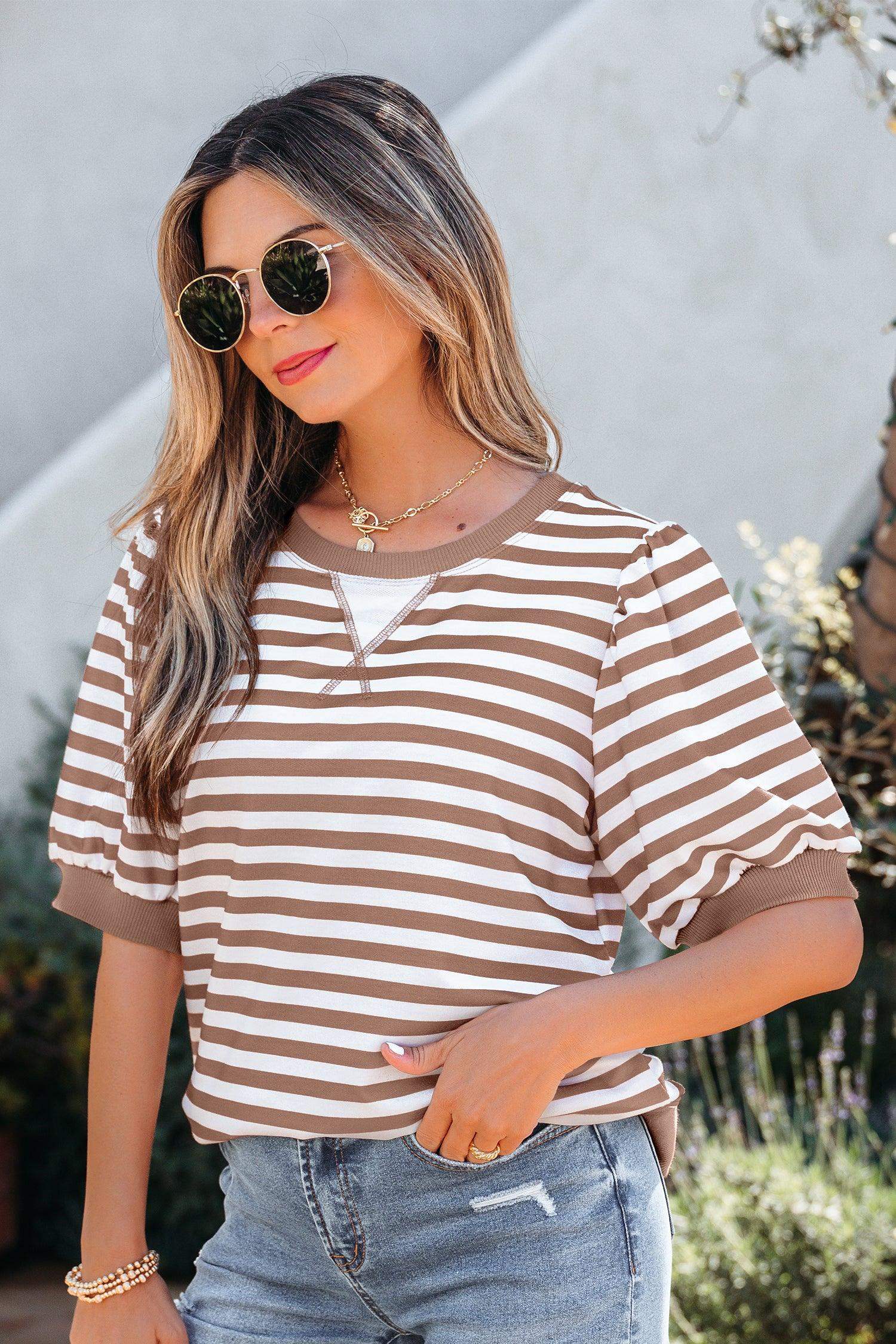 Khaki Stripe Short Bubble Sleeve T Shirt - Sweet Fashion Wholesale