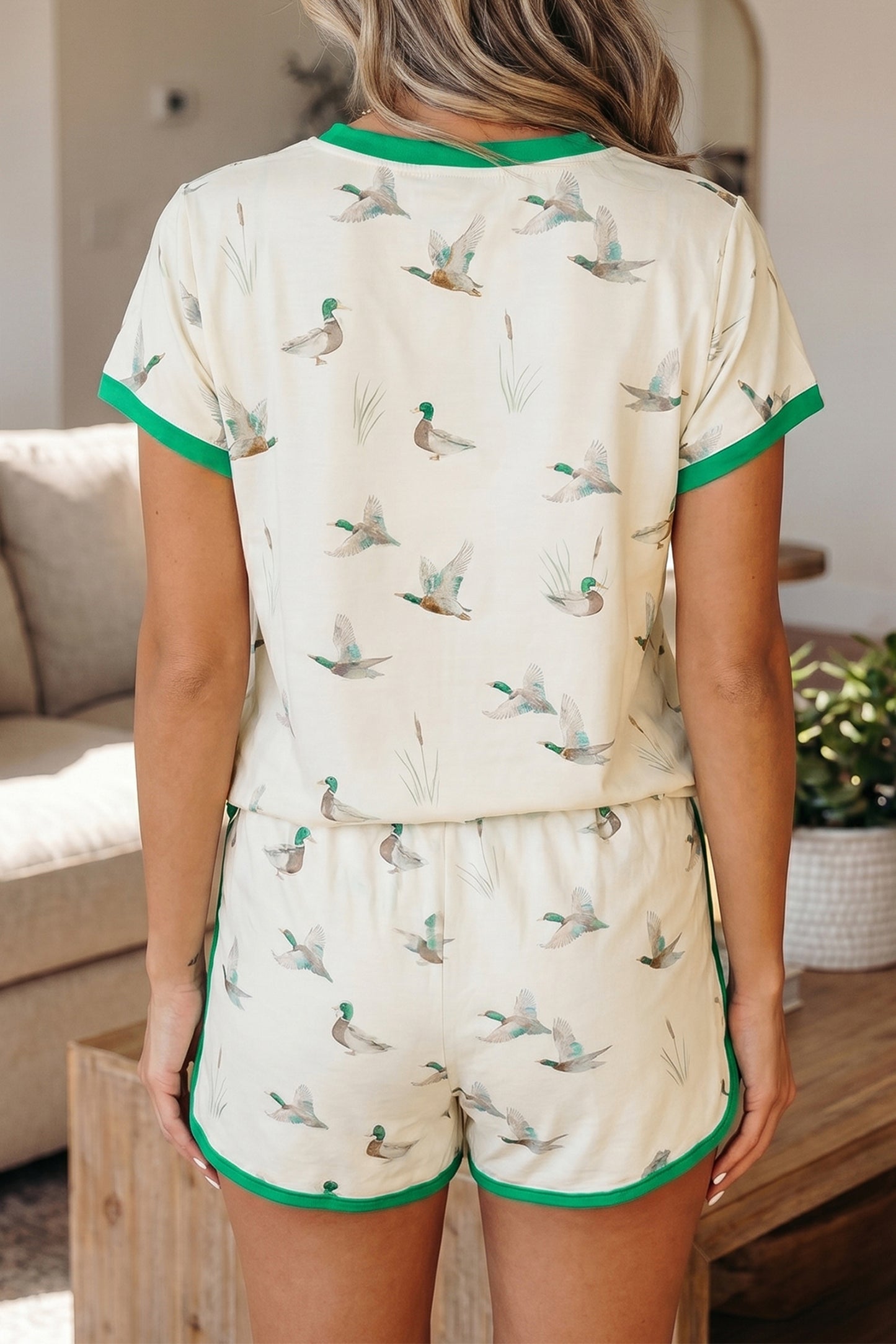 Beige Mallard Printed Colorblock Trim Short Set