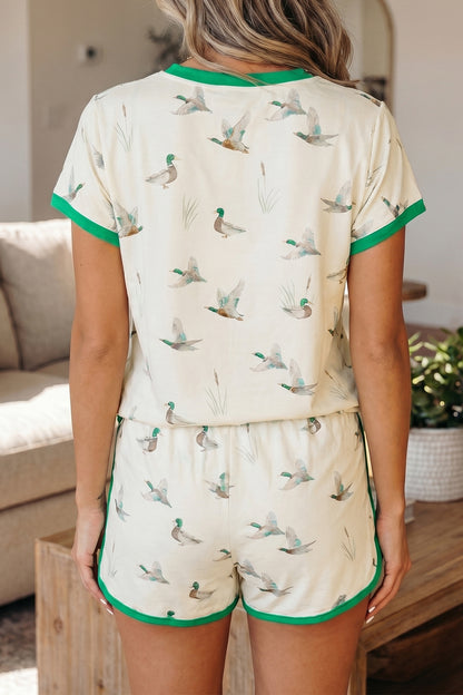 Beige Mallard Printed Colorblock Trim Short Set