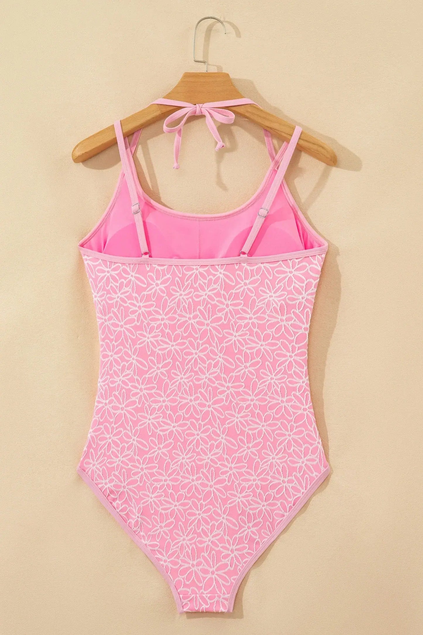 Pink Corded Flower Texture Spaghetti Straps Halterneck One Piece Swimsuit - Sweet Fashion Wholesale