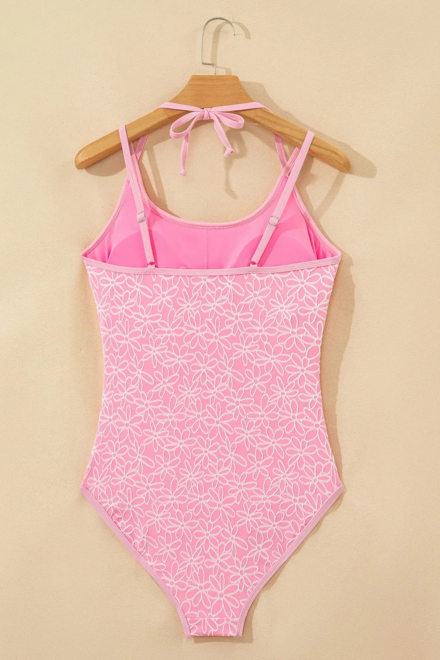 Pink Corded Flower Texture Spaghetti Straps Halterneck One Piece Swimsuit - Sweet Fashion Wholesale