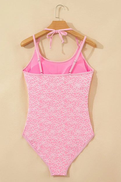 Pink Corded Flower Texture Spaghetti Straps Halterneck One Piece Swimsuit - Sweet Fashion Wholesale