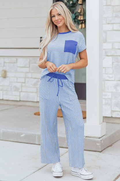 Sky Blue Stripe Crew Neck Tee Drawstring Waist Cropped Pants Set