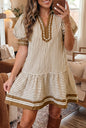 Brown Stripe Shirt Collar Color Block Patchwork Trim Ruffle Hem Short Dress