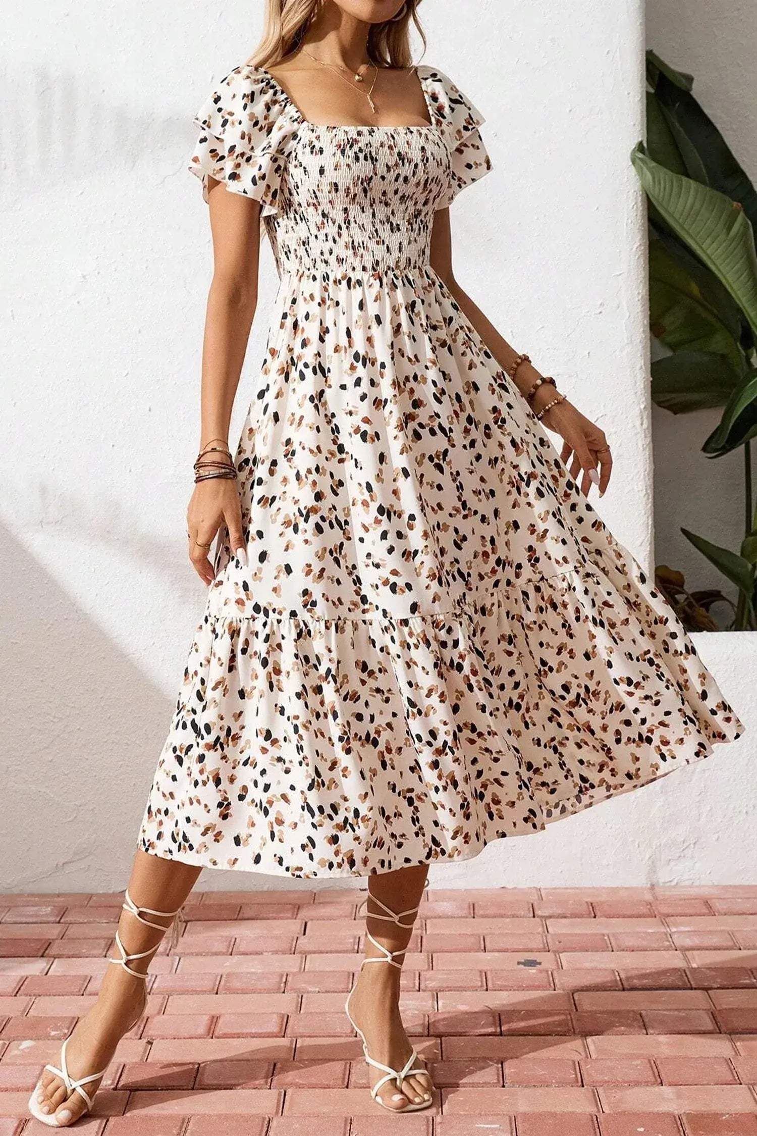 Beige Ditsy Floral Print Smocked Square Neck Ruffle Short Sleeve Dress - Sweet Fashion Wholesale