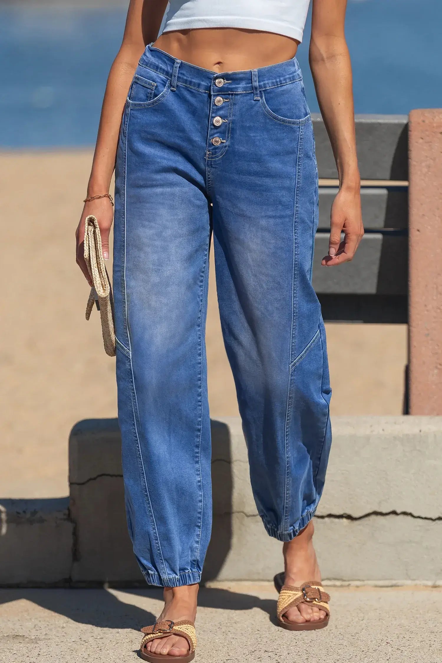 Blue 4 Buttons Front Tapered Casual Loose Fit Jeans - Sweet Fashion Wholesale