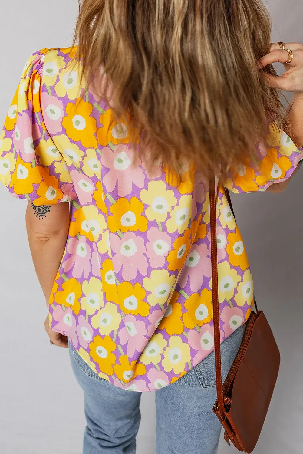 Purple Frilled Neck Puff Short Sleeve Flower Top - Sweet Fashion Wholesale