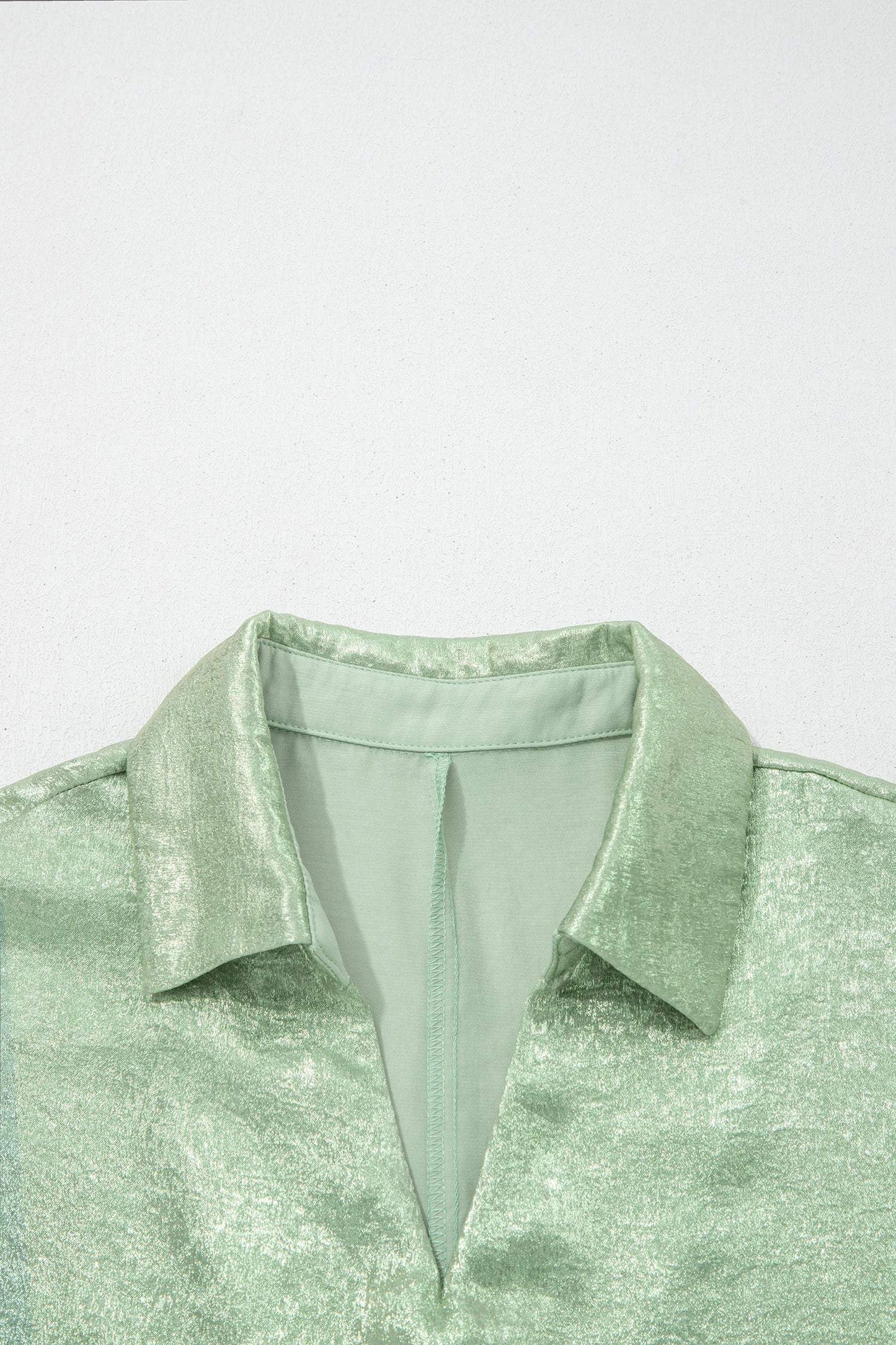 Clearly Aqua Collared V Neck Half Sleeve Metallic Top